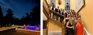 people in hot tub at night on the left. On the right people on the stairs 