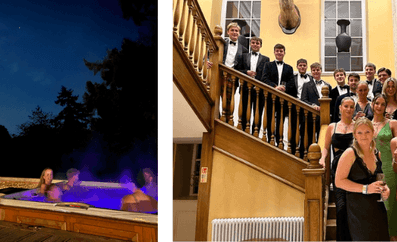 people in hot tub at night on the left. On the right people on the stairs